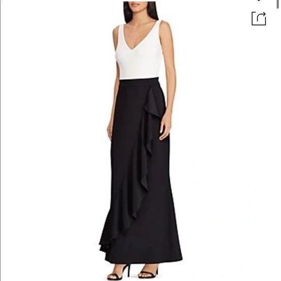Lauren Ralph Lauren Ruffled Color-block Gown In Black/cream NWT - Picture 1 of 8